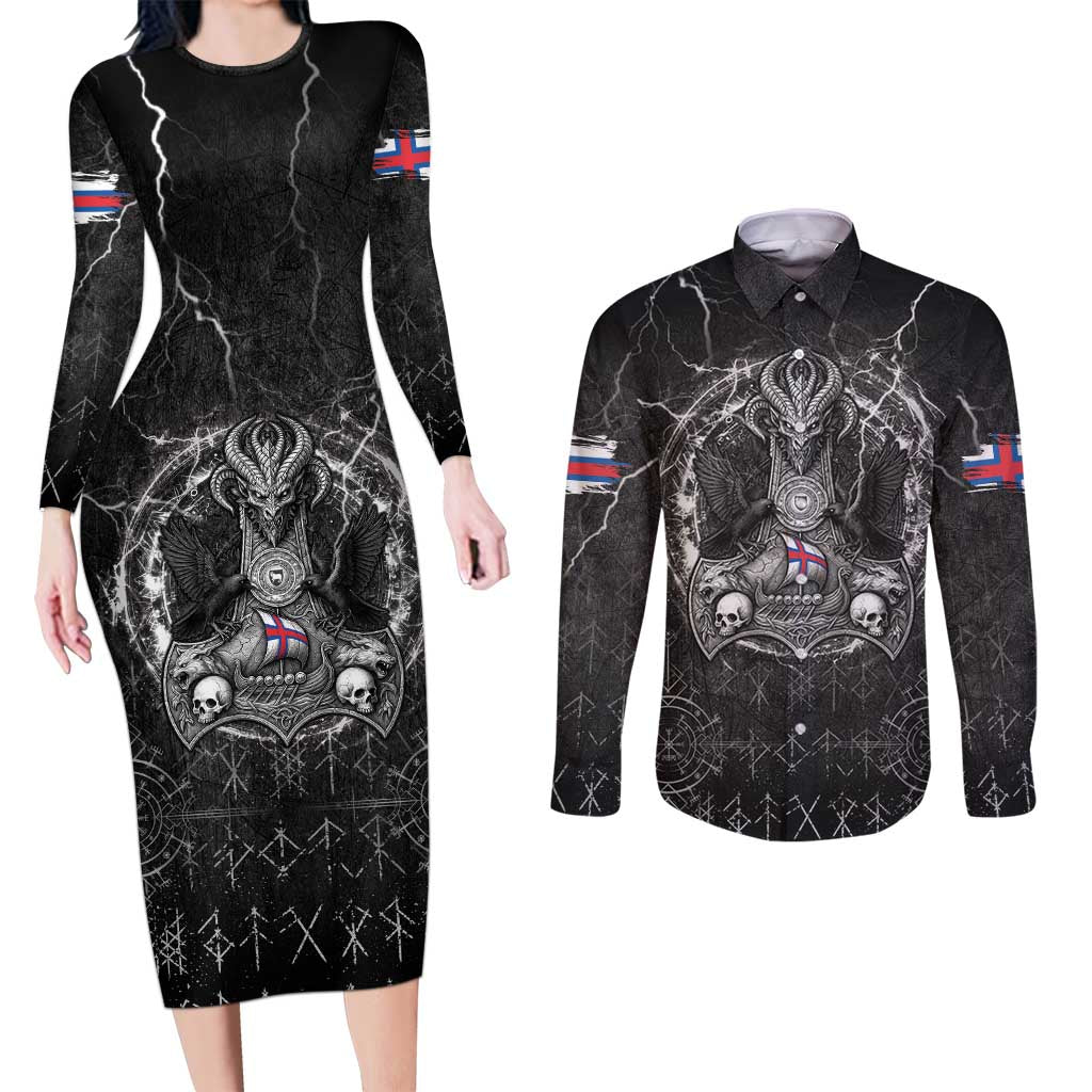 Personalized Faroe Islands Viking Couples Matching Long Sleeve Bodycon Dress and Long Sleeve Button Shirt Odin's Raven Legacy - Wonder Print Shop