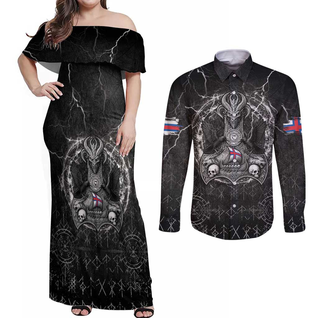 Personalized Faroe Islands Viking Couples Matching Off Shoulder Maxi Dress and Long Sleeve Button Shirt Odin's Raven Legacy - Wonder Print Shop