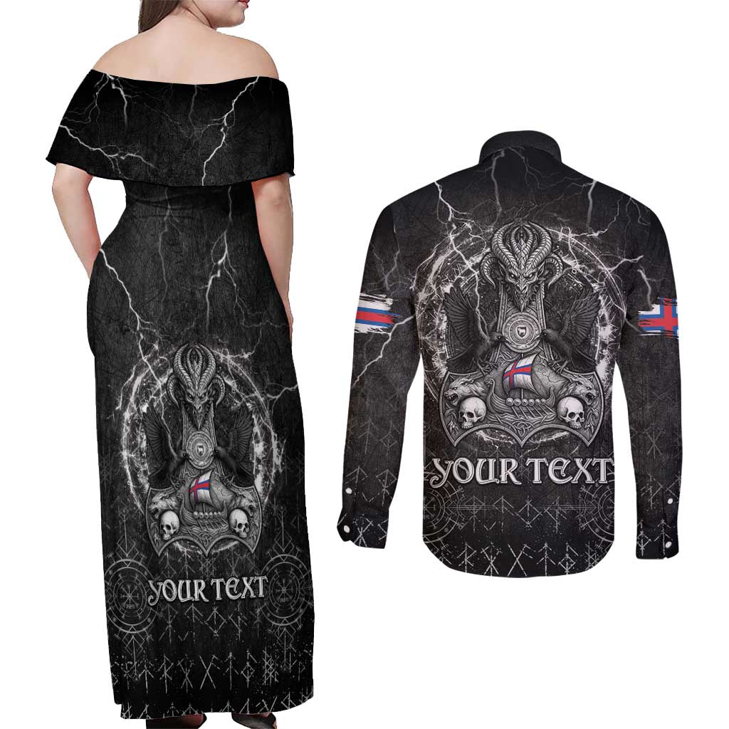 Personalized Faroe Islands Viking Couples Matching Off Shoulder Maxi Dress and Long Sleeve Button Shirt Odin's Raven Legacy - Wonder Print Shop