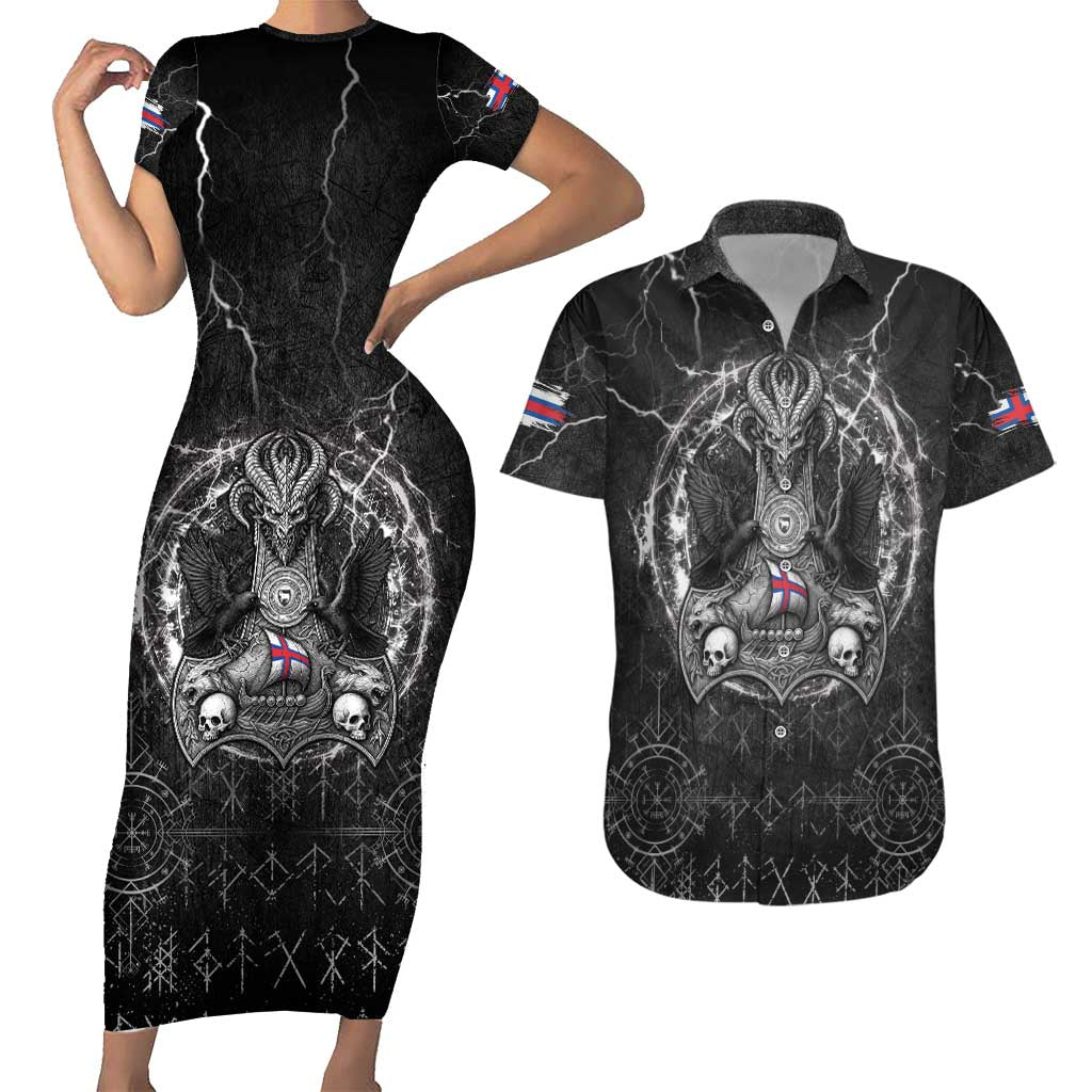 Personalized Faroe Islands Viking Couples Matching Short Sleeve Bodycon Dress and Hawaiian Shirt Odin's Raven Legacy - Wonder Print Shop