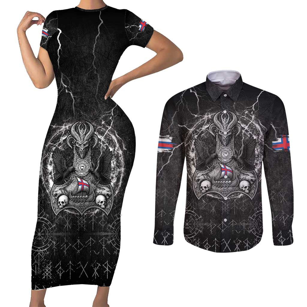 Personalized Faroe Islands Viking Couples Matching Short Sleeve Bodycon Dress and Long Sleeve Button Shirt Odin's Raven Legacy - Wonder Print Shop
