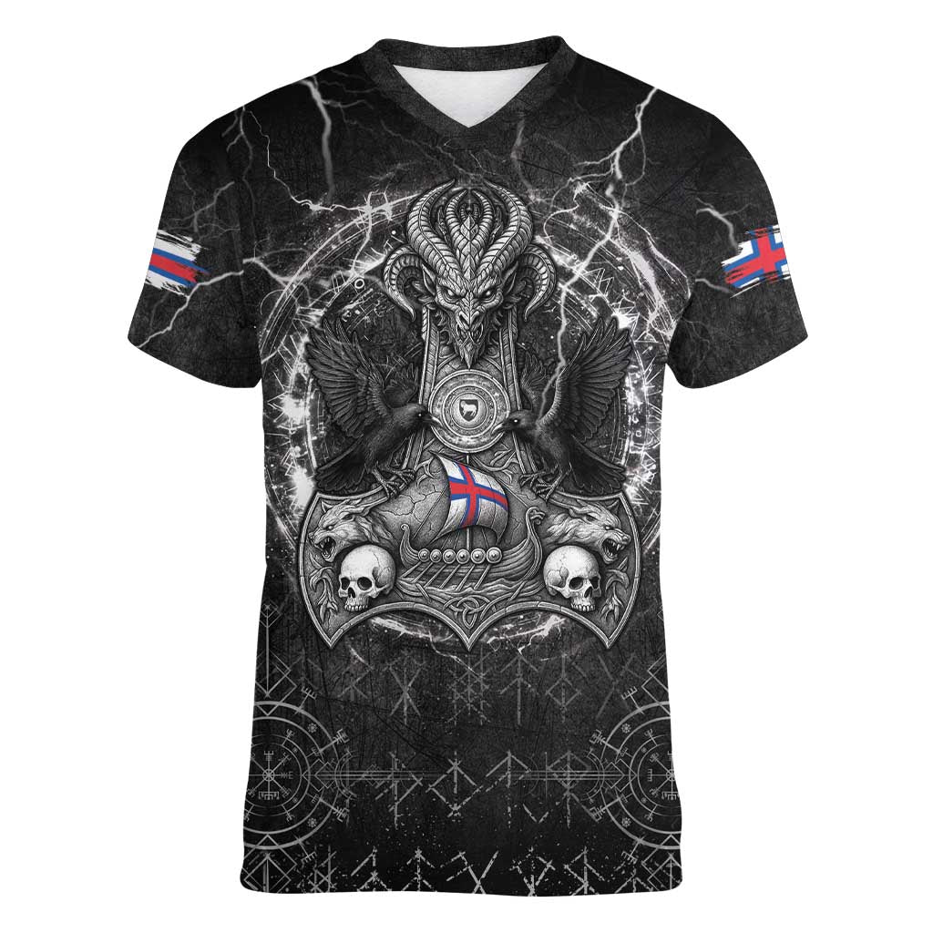 Personalized Faroe Islands Viking Women V-Neck T-Shirt Odin's Raven Legacy - Wonder Print Shop