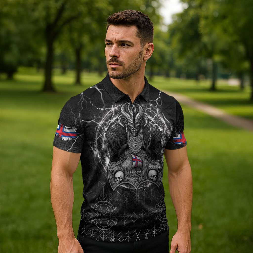 Personalized Faroe Islands Viking Zipper Polo Shirt Odin's Raven Legacy - Wonder Print Shop
