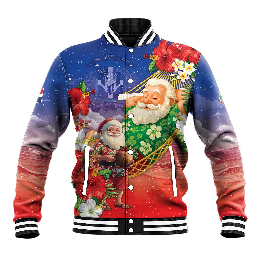 Dominican Republic Christmas Baseball Jacket Santa Relaxing On The Beach - Wonder Print Shop