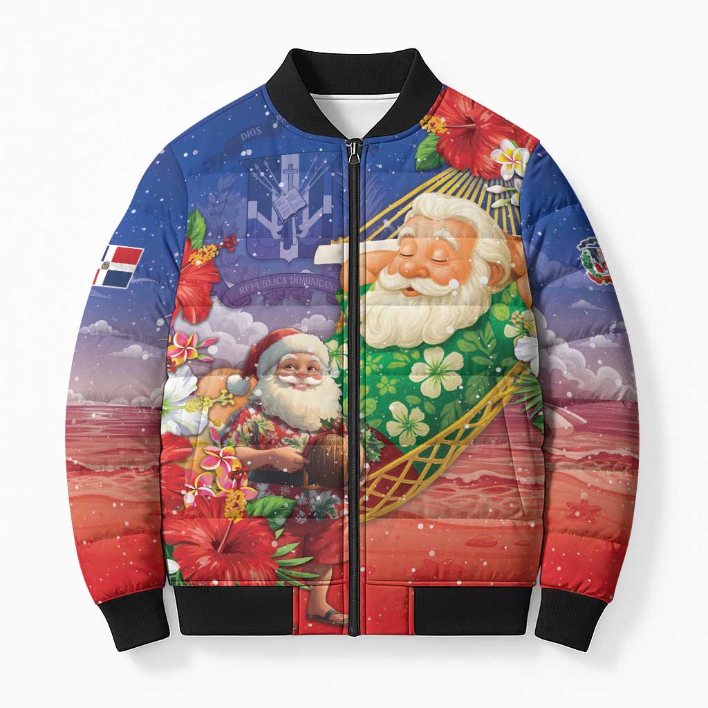 Dominican Republic Christmas Bomber Puffer Jacket Santa Relaxing On The Beach - Wonder Print Shop