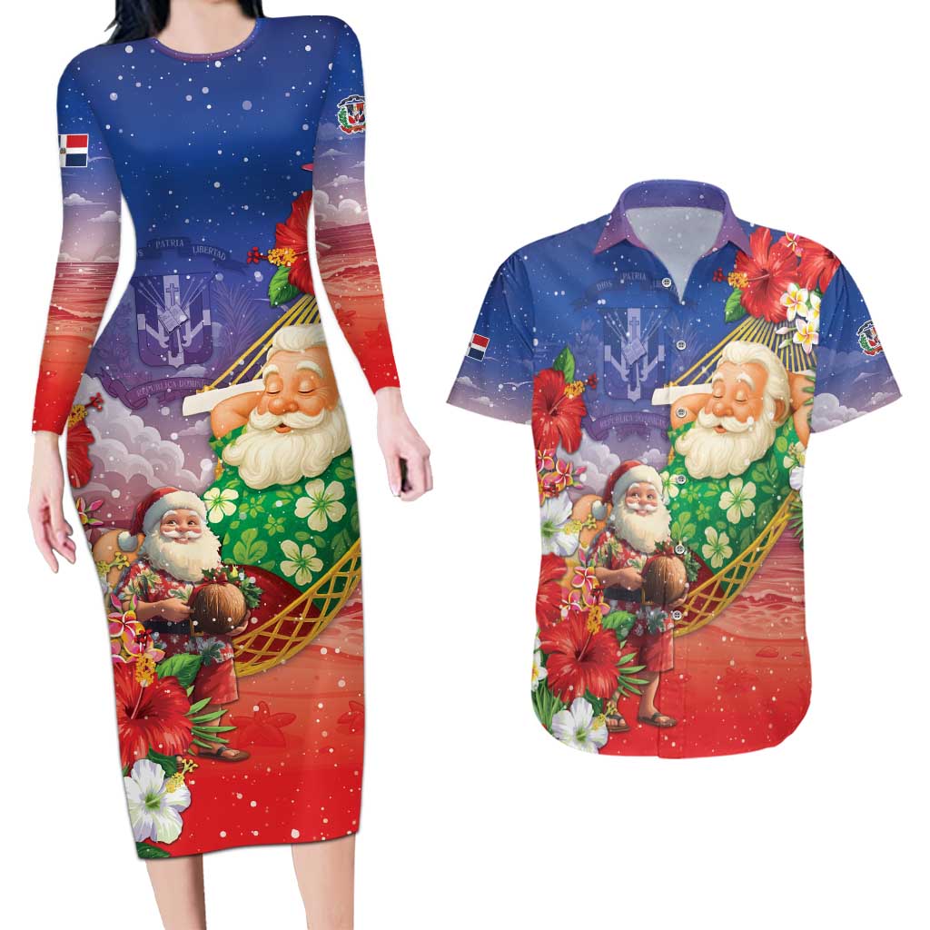 Dominican Republic Christmas Couples Matching Long Sleeve Bodycon Dress and Hawaiian Shirt Santa Relaxing On The Beach - Wonder Print Shop