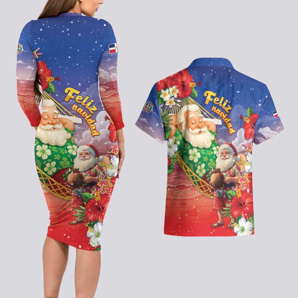Dominican Republic Christmas Couples Matching Long Sleeve Bodycon Dress and Hawaiian Shirt Santa Relaxing On The Beach - Wonder Print Shop
