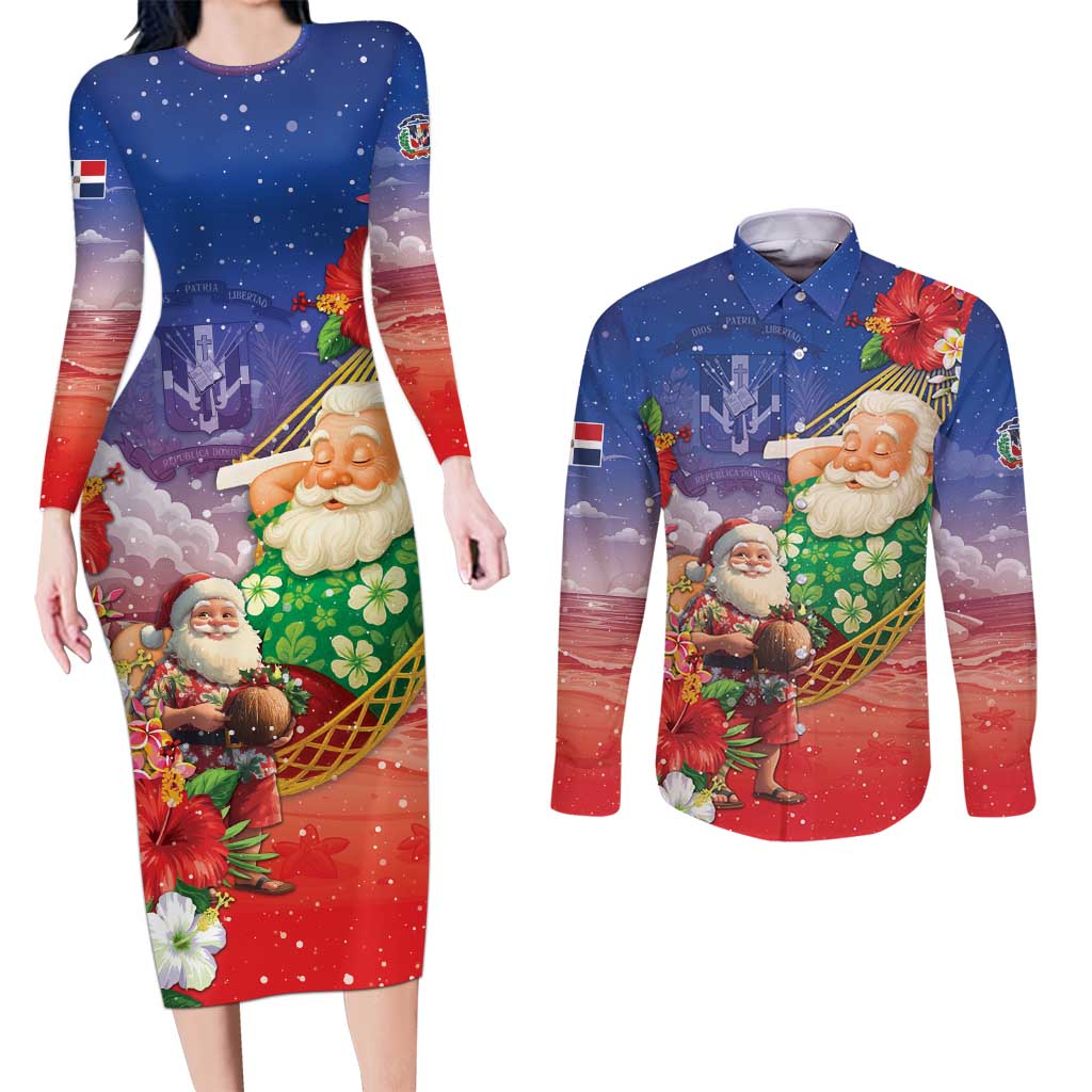 Dominican Republic Christmas Couples Matching Long Sleeve Bodycon Dress and Long Sleeve Button Shirt Santa Relaxing On The Beach - Wonder Print Shop