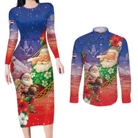 Dominican Republic Christmas Couples Matching Long Sleeve Bodycon Dress and Long Sleeve Button Shirt Santa Relaxing On The Beach - Wonder Print Shop