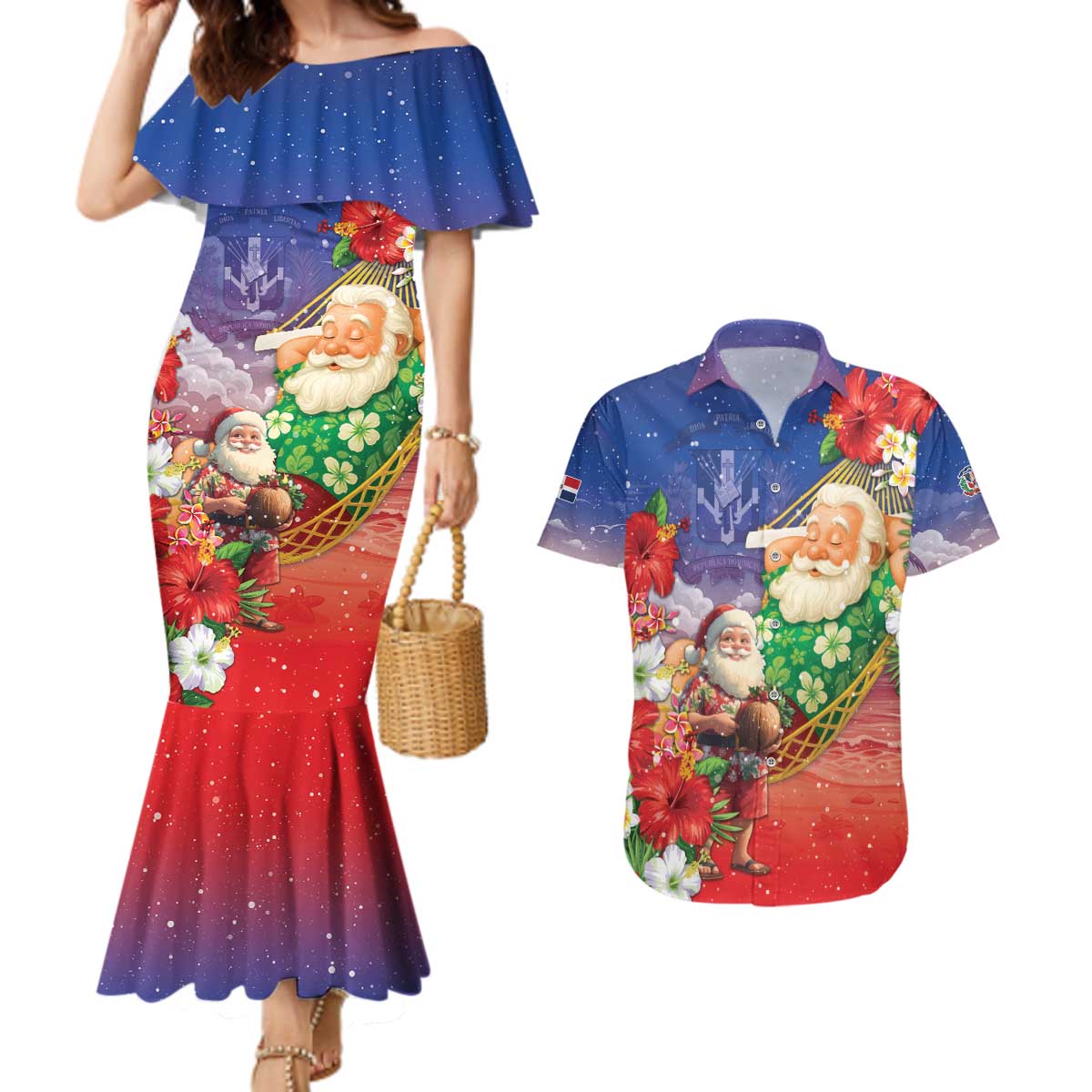 Dominican Republic Christmas Couples Matching Mermaid Dress and Hawaiian Shirt Santa Relaxing On The Beach - Wonder Print Shop