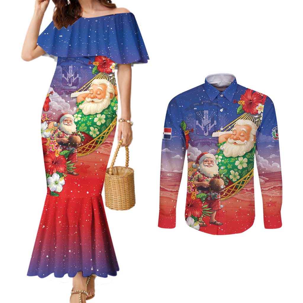 Dominican Republic Christmas Couples Matching Mermaid Dress and Long Sleeve Button Shirt Santa Relaxing On The Beach - Wonder Print Shop