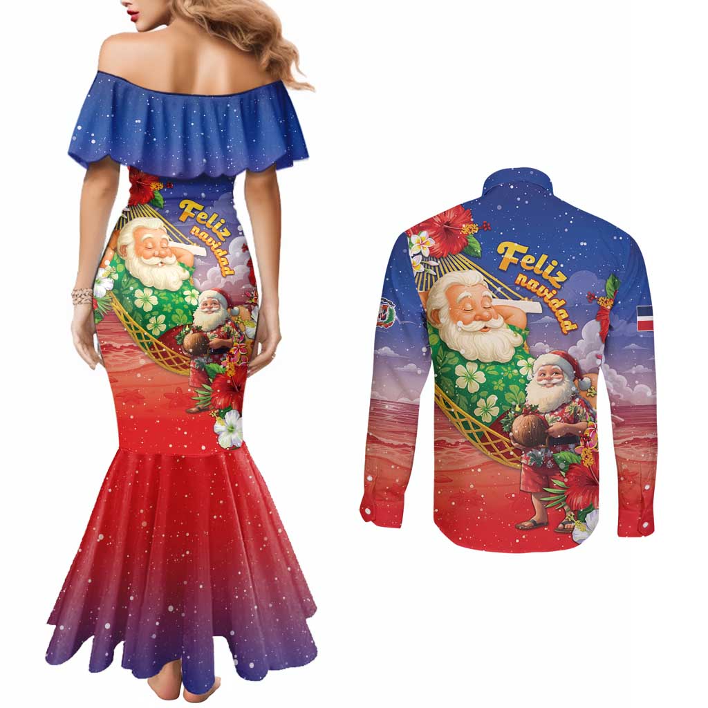 Dominican Republic Christmas Couples Matching Mermaid Dress and Long Sleeve Button Shirt Santa Relaxing On The Beach - Wonder Print Shop