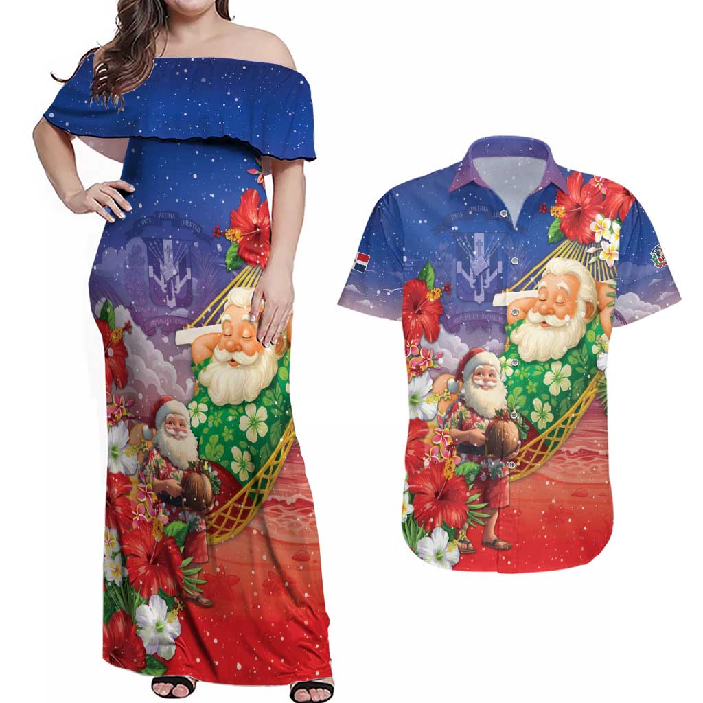 Dominican Republic Christmas Couples Matching Off Shoulder Maxi Dress and Hawaiian Shirt Santa Relaxing On The Beach - Wonder Print Shop