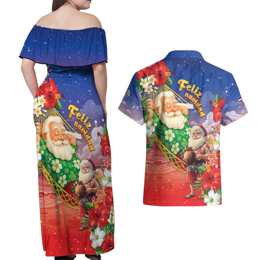 Dominican Republic Christmas Couples Matching Off Shoulder Maxi Dress and Hawaiian Shirt Santa Relaxing On The Beach - Wonder Print Shop