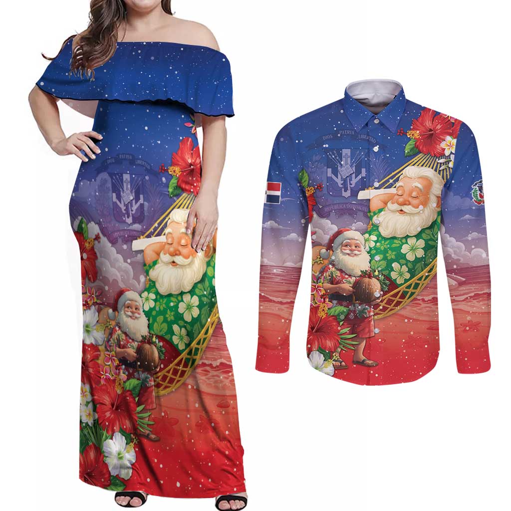 Dominican Republic Christmas Couples Matching Off Shoulder Maxi Dress and Long Sleeve Button Shirt Santa Relaxing On The Beach - Wonder Print Shop