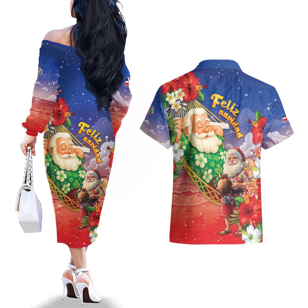 Dominican Republic Christmas Couples Matching Off The Shoulder Long Sleeve Dress and Hawaiian Shirt Santa Relaxing On The Beach - Wonder Print Shop