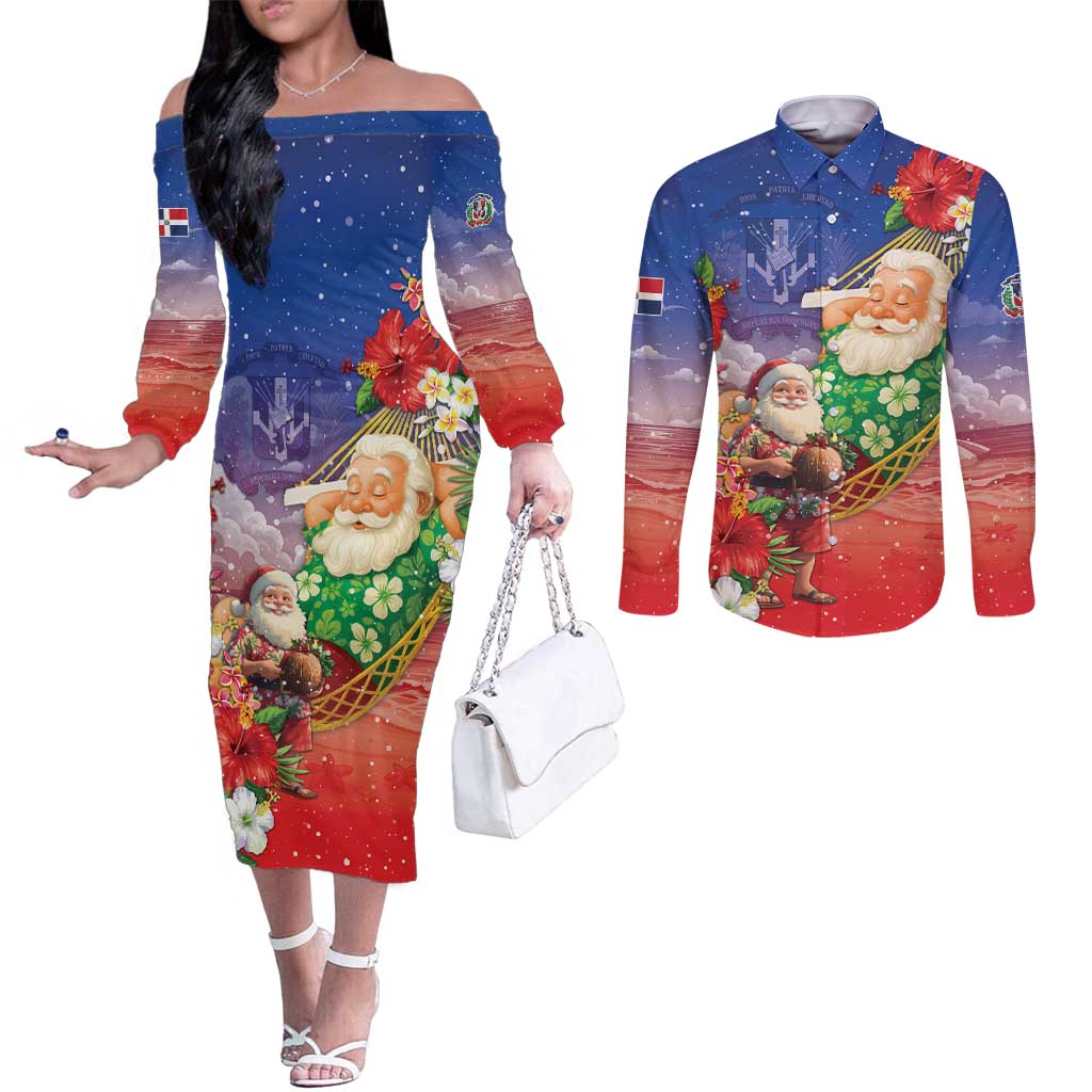 Dominican Republic Christmas Couples Matching Off The Shoulder Long Sleeve Dress and Long Sleeve Button Shirt Santa Relaxing On The Beach - Wonder Print Shop