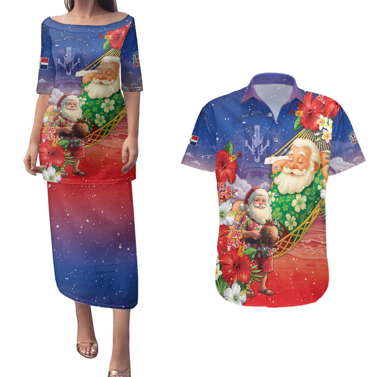 Dominican Republic Christmas Couples Matching Puletasi and Hawaiian Shirt Santa Relaxing On The Beach - Wonder Print Shop