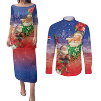 Dominican Republic Christmas Couples Matching Puletasi and Long Sleeve Button Shirt Santa Relaxing On The Beach - Wonder Print Shop