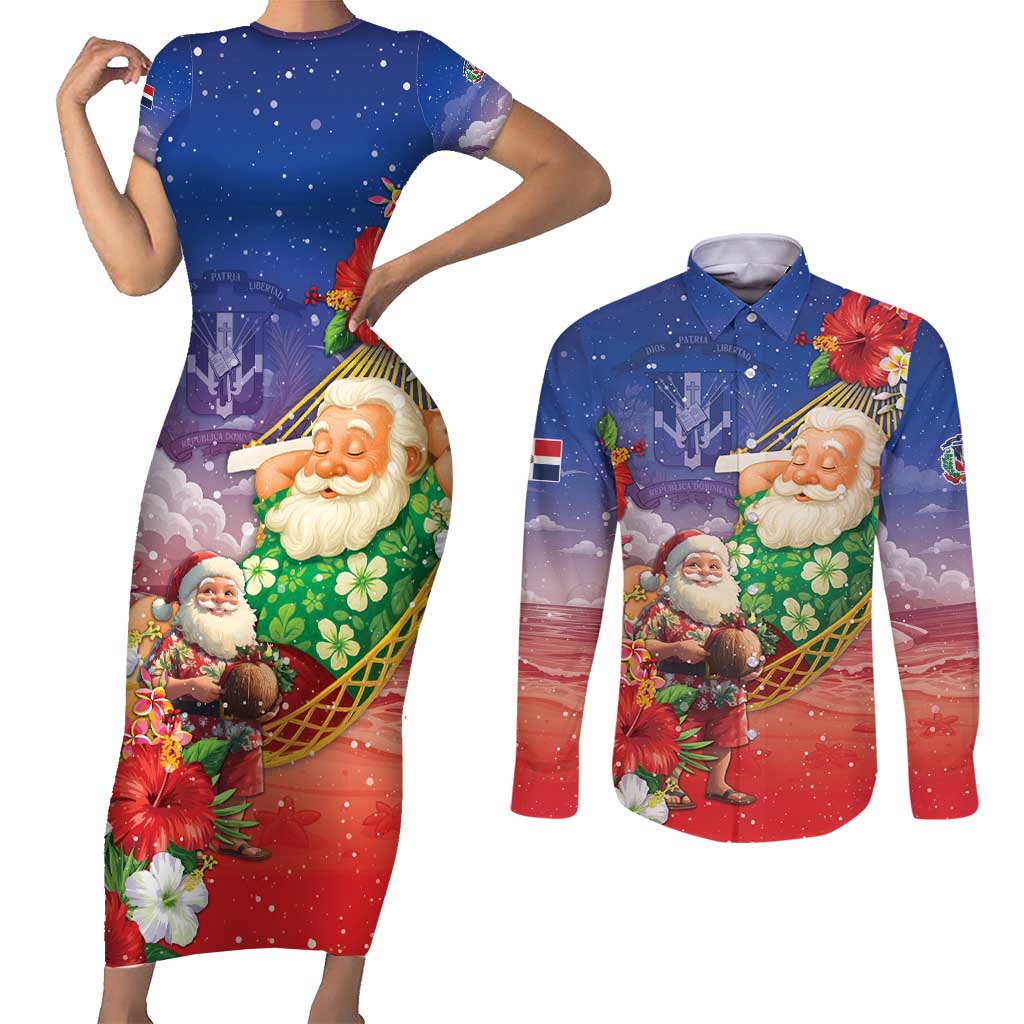 Dominican Republic Christmas Couples Matching Short Sleeve Bodycon Dress and Long Sleeve Button Shirt Santa Relaxing On The Beach - Wonder Print Shop