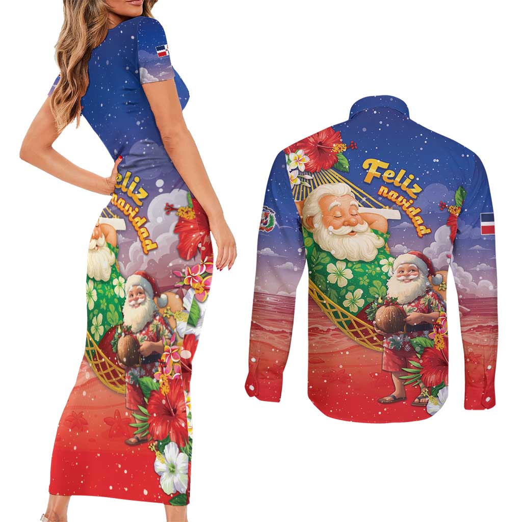 Dominican Republic Christmas Couples Matching Short Sleeve Bodycon Dress and Long Sleeve Button Shirt Santa Relaxing On The Beach - Wonder Print Shop