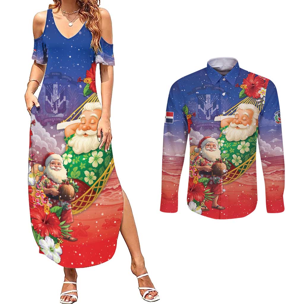 Dominican Republic Christmas Couples Matching Summer Maxi Dress and Long Sleeve Button Shirt Santa Relaxing On The Beach - Wonder Print Shop