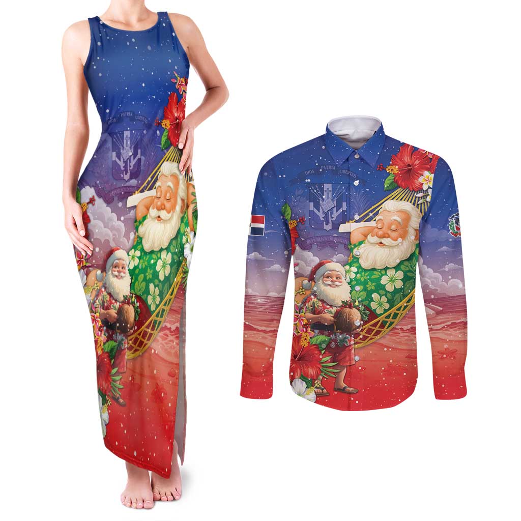 Dominican Republic Christmas Couples Matching Tank Maxi Dress and Long Sleeve Button Shirt Santa Relaxing On The Beach - Wonder Print Shop