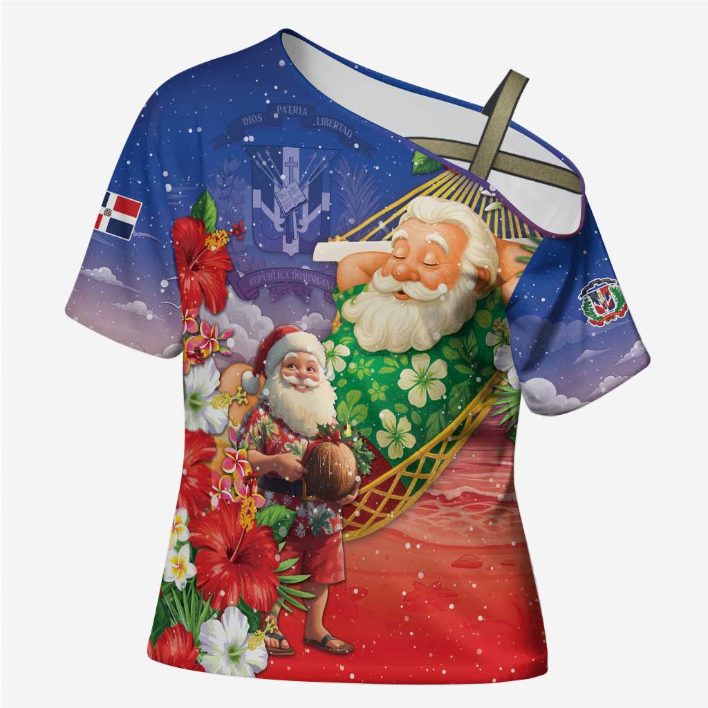 Dominican Republic Christmas Cross Shoulder Shirt Santa Relaxing On The Beach - Wonder Print Shop