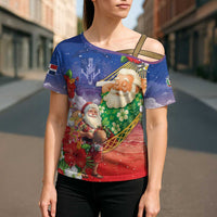 Dominican Republic Christmas Cross Shoulder Shirt Santa Relaxing On The Beach - Wonder Print Shop