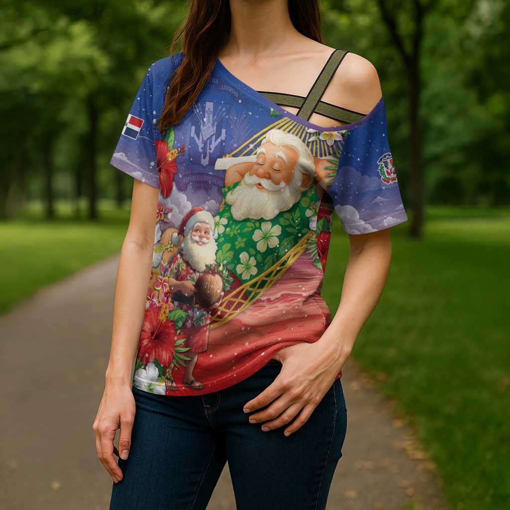Dominican Republic Christmas Cross Shoulder Shirt Santa Relaxing On The Beach - Wonder Print Shop