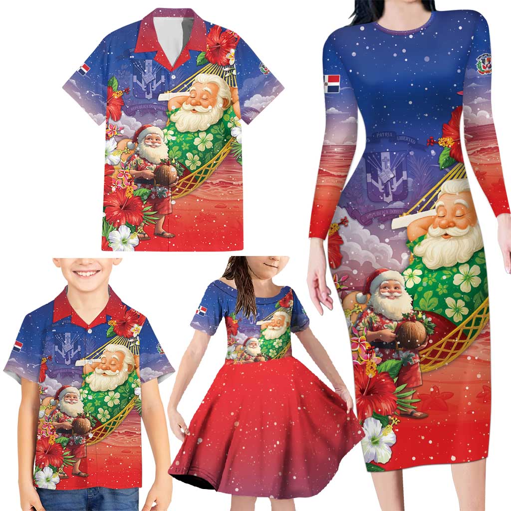Dominican Republic Christmas Family Matching Long Sleeve Bodycon Dress and Hawaiian Shirt Santa Relaxing On The Beach - Wonder Print Shop