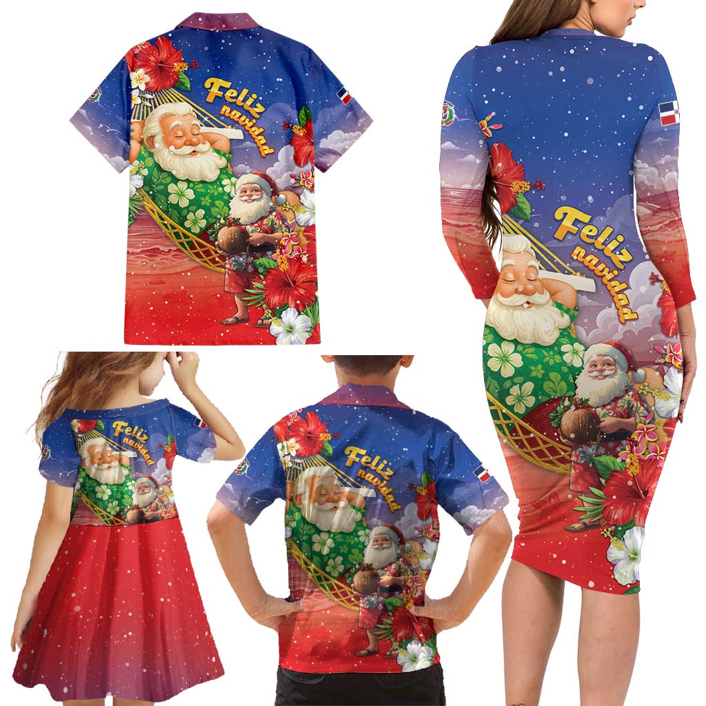 Dominican Republic Christmas Family Matching Long Sleeve Bodycon Dress and Hawaiian Shirt Santa Relaxing On The Beach - Wonder Print Shop