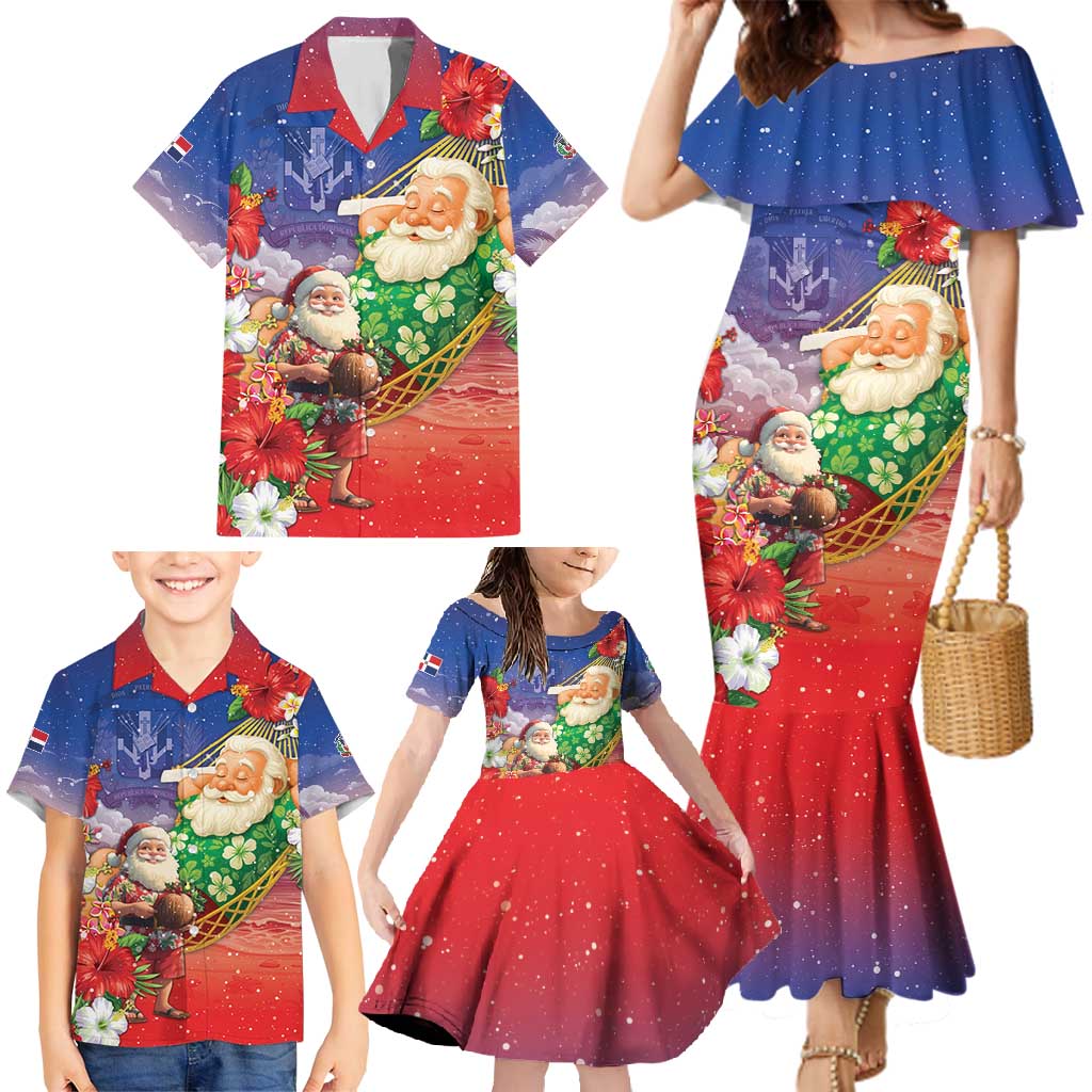 Dominican Republic Christmas Family Matching Mermaid Dress and Hawaiian Shirt Santa Relaxing On The Beach - Wonder Print Shop