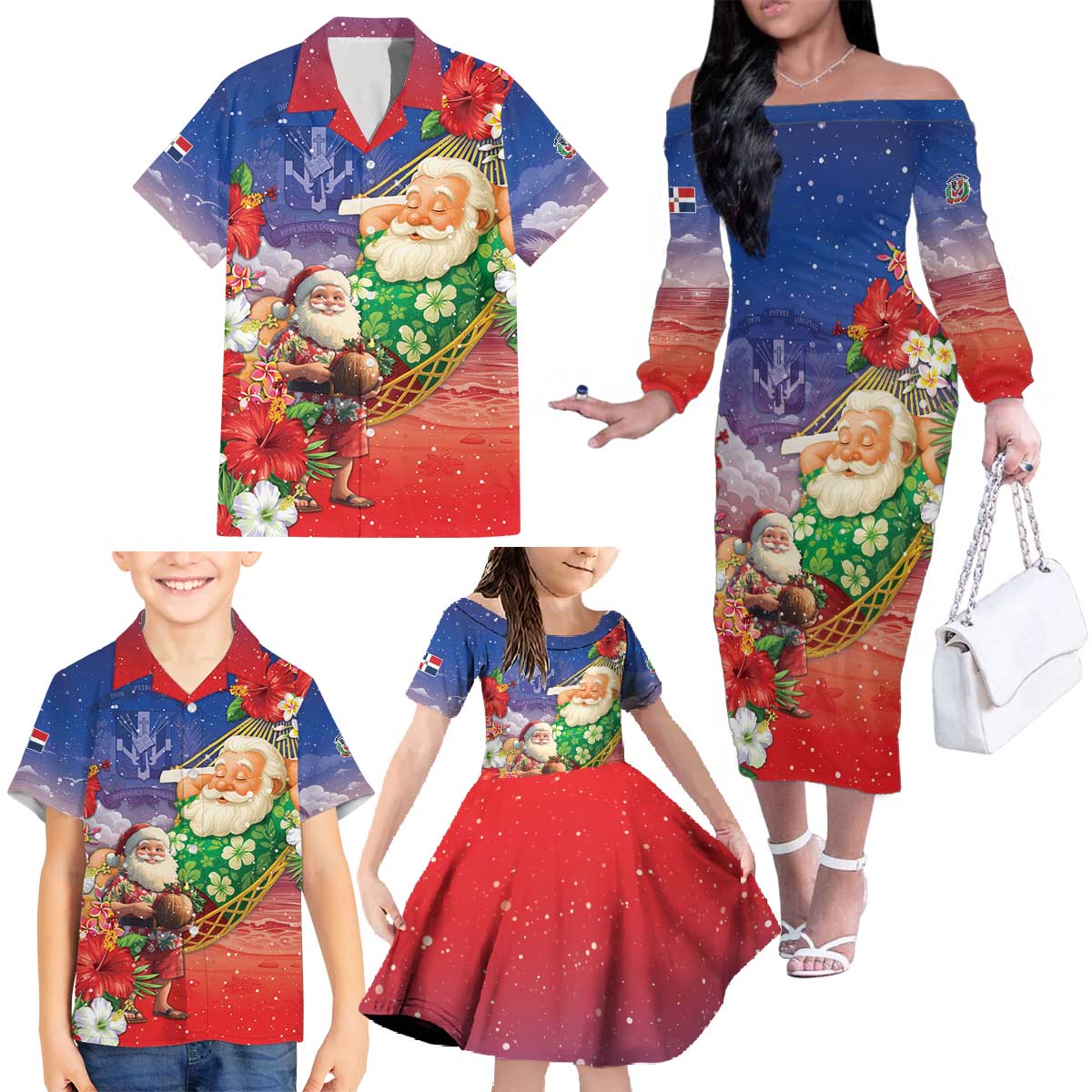 Dominican Republic Christmas Family Matching Off The Shoulder Long Sleeve Dress and Hawaiian Shirt Santa Relaxing On The Beach - Wonder Print Shop