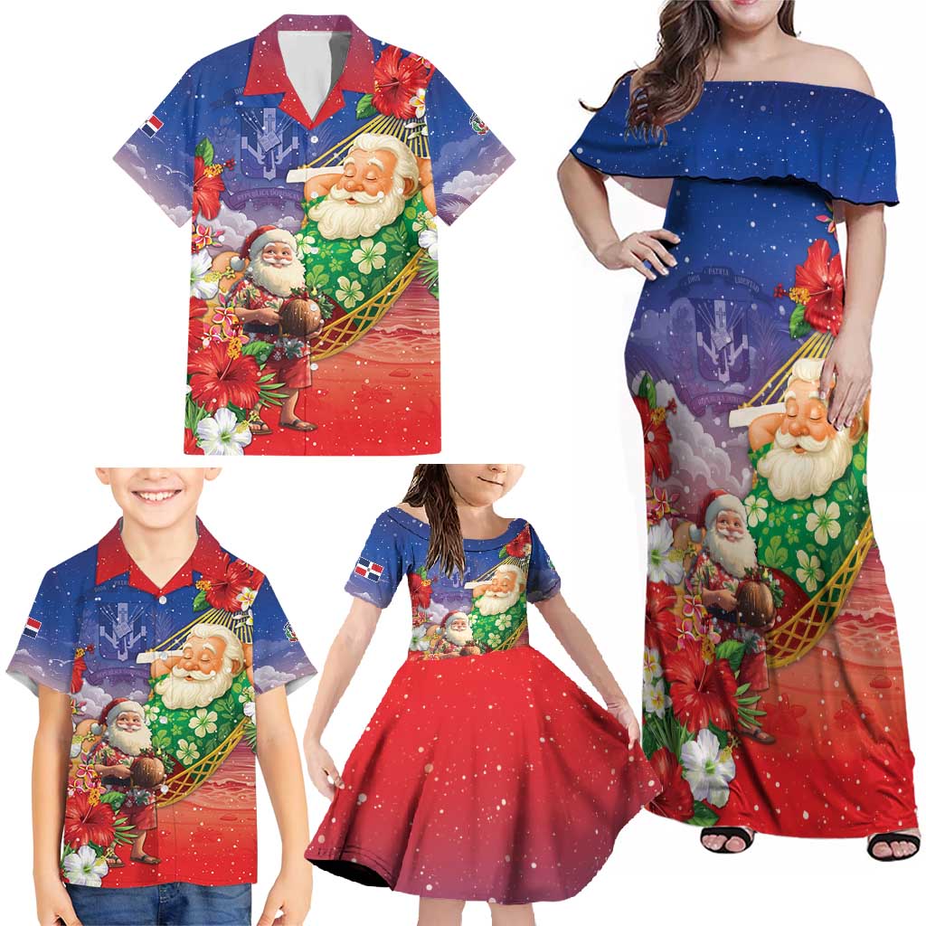 Dominican Republic Christmas Family Matching Off Shoulder Maxi Dress and Hawaiian Shirt Santa Relaxing On The Beach - Wonder Print Shop