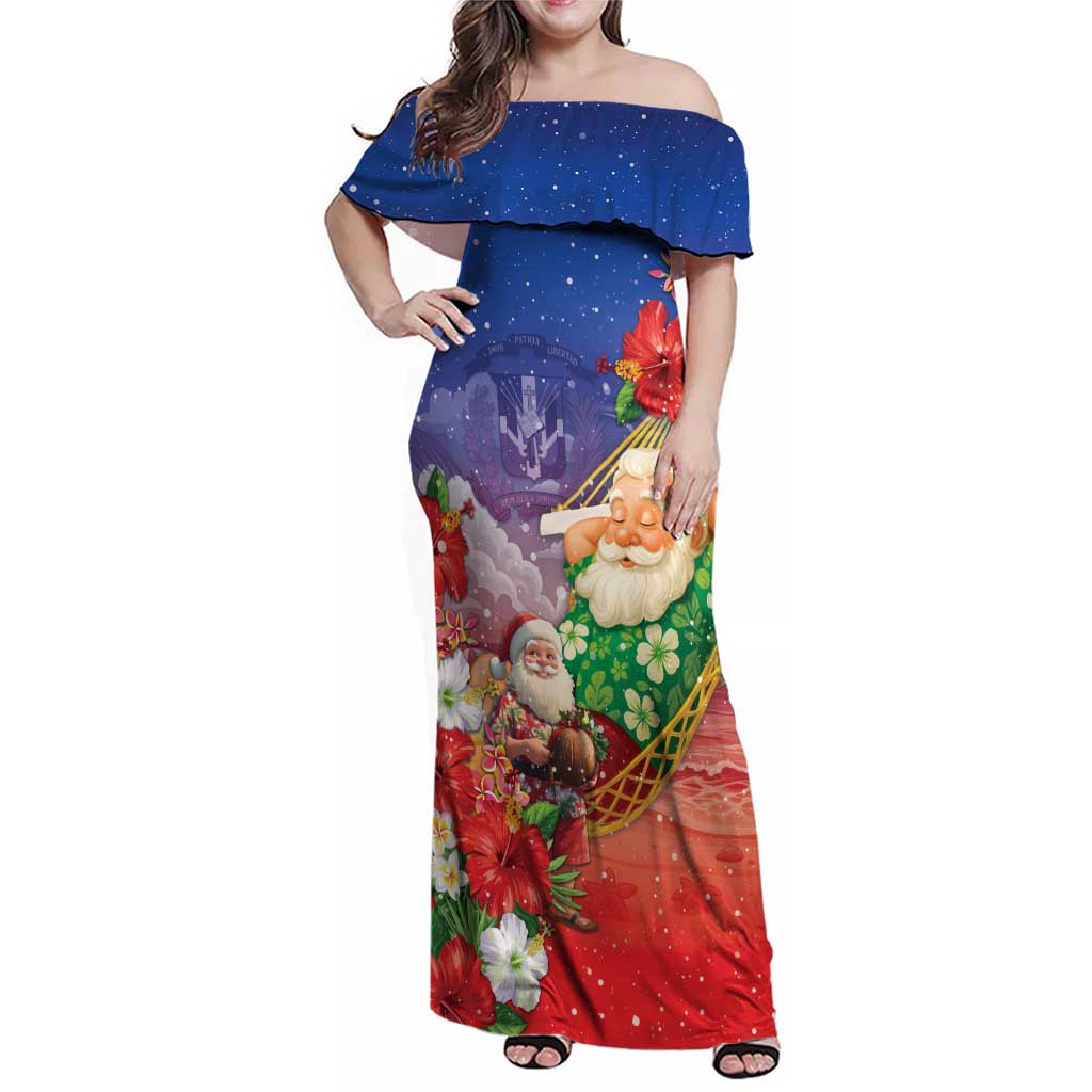 Dominican Republic Christmas Family Matching Off Shoulder Maxi Dress and Hawaiian Shirt Santa Relaxing On The Beach - Wonder Print Shop