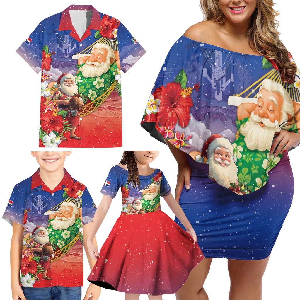 Dominican Republic Christmas Family Matching Off Shoulder Short Dress and Hawaiian Shirt Santa Relaxing On The Beach - Wonder Print Shop