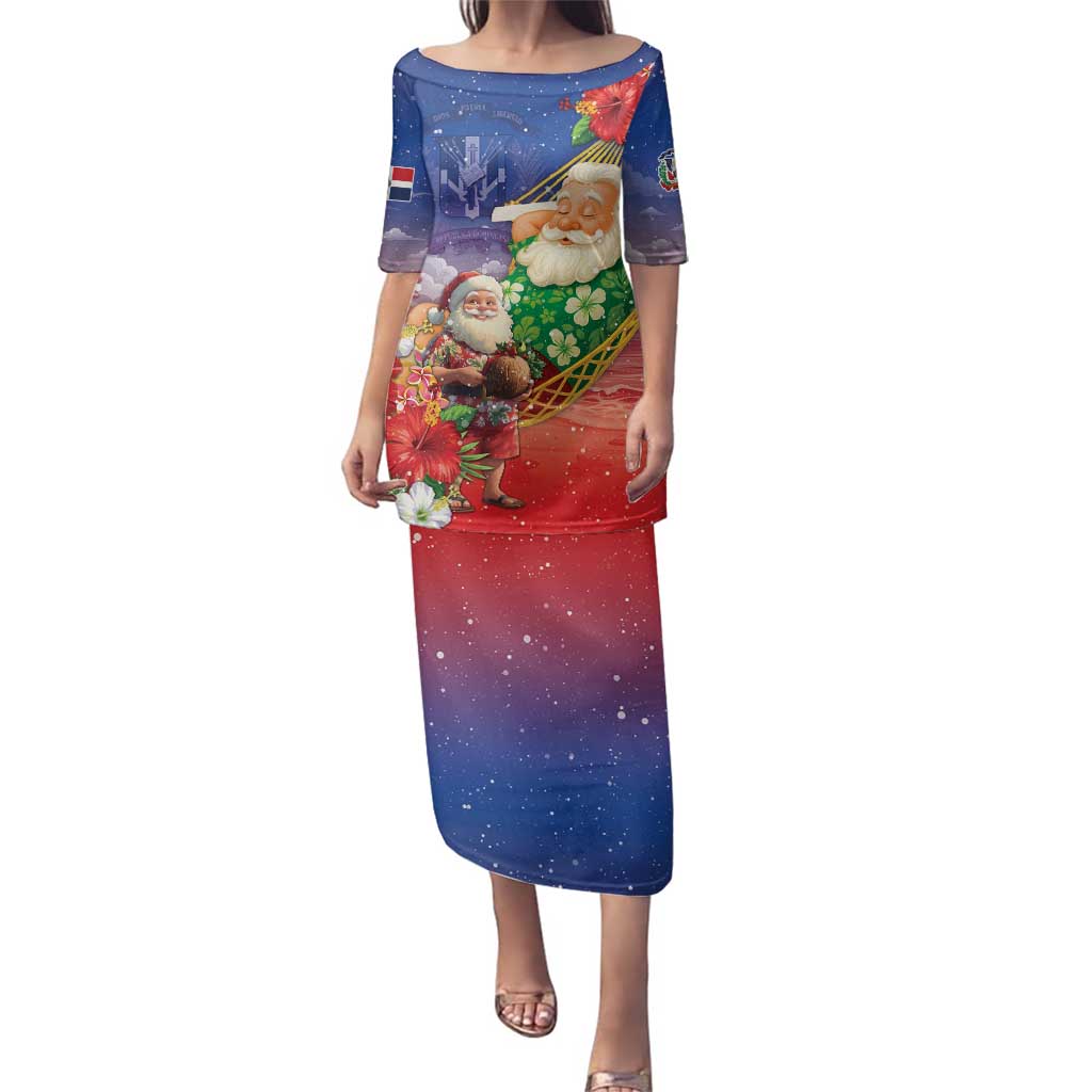 Dominican Republic Christmas Family Matching Puletasi and Hawaiian Shirt Santa Relaxing On The Beach - Wonder Print Shop