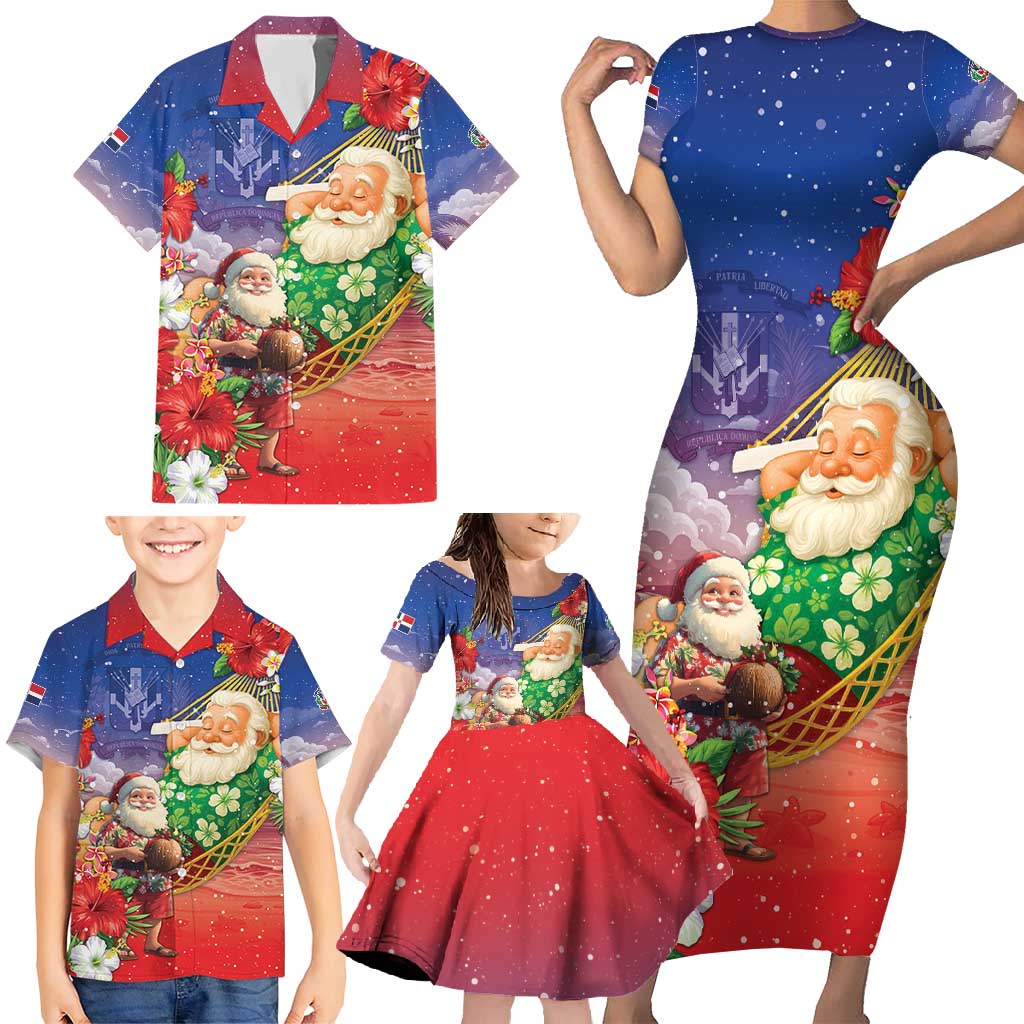 Dominican Republic Christmas Family Matching Short Sleeve Bodycon Dress and Hawaiian Shirt Santa Relaxing On The Beach - Wonder Print Shop