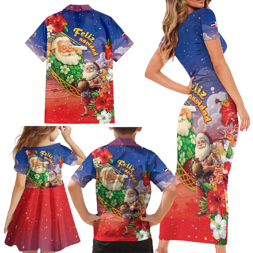 Dominican Republic Christmas Family Matching Short Sleeve Bodycon Dress and Hawaiian Shirt Santa Relaxing On The Beach - Wonder Print Shop