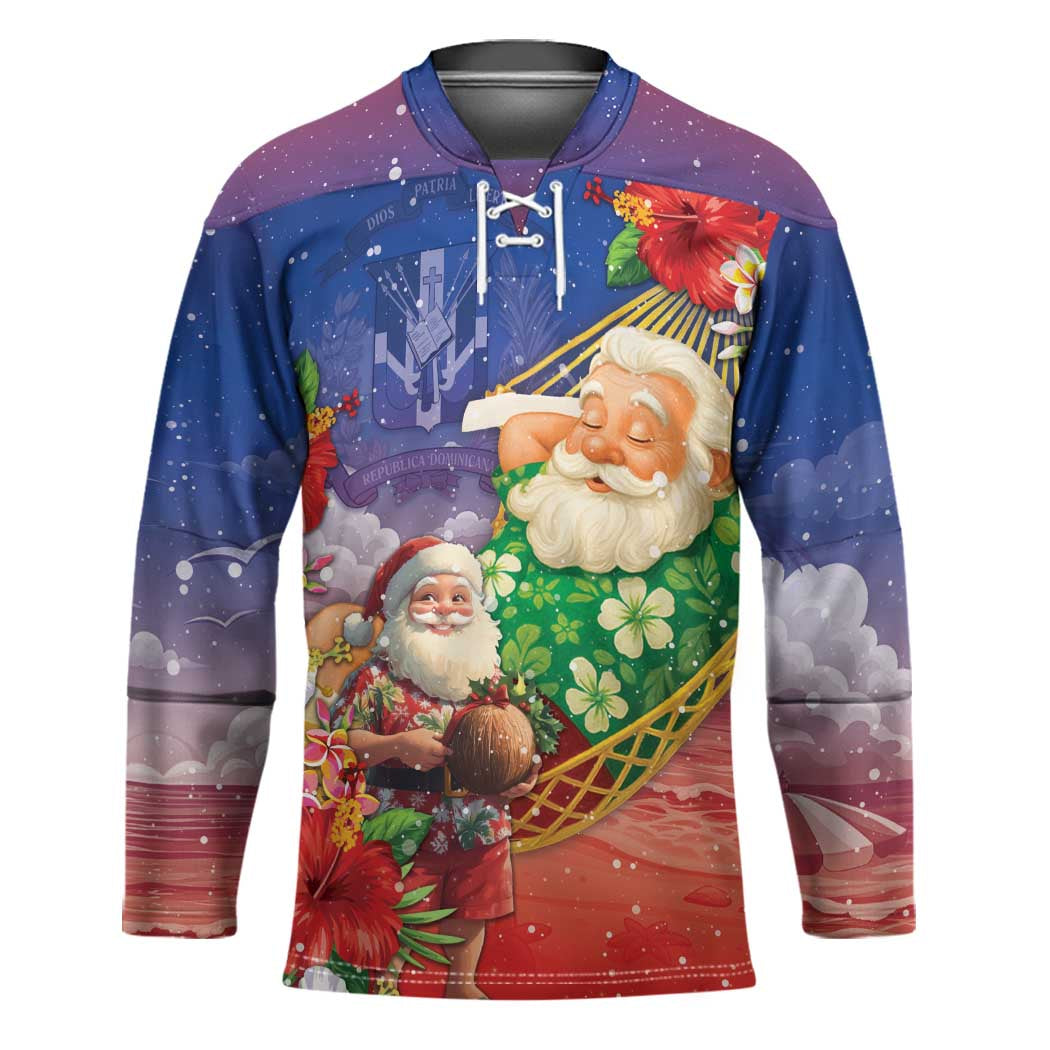 Dominican Republic Christmas Hockey Jersey Santa Relaxing On The Beach - Wonder Print Shop