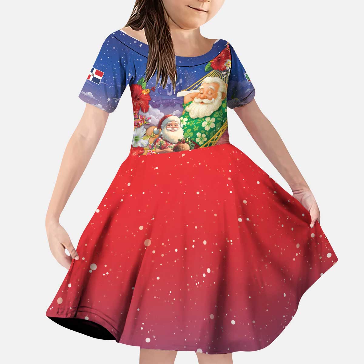 Dominican Republic Christmas Kid Short Sleeve Dress Santa Relaxing On The Beach - Wonder Print Shop