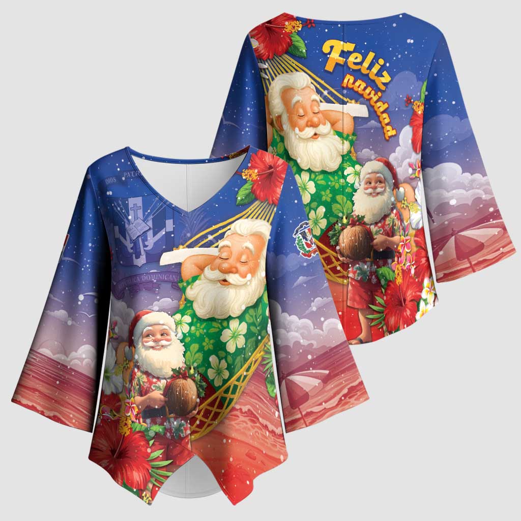 Dominican Republic Christmas Kimono Sleeve Blouse Santa Relaxing On The Beach - Wonder Print Shop