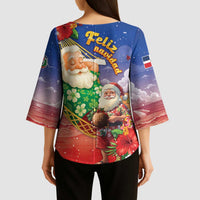 Dominican Republic Christmas Kimono Sleeve Blouse Santa Relaxing On The Beach - Wonder Print Shop
