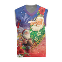 Dominican Republic Christmas Knitted V-Neck Vest Santa Relaxing On The Beach - Wonder Print Shop