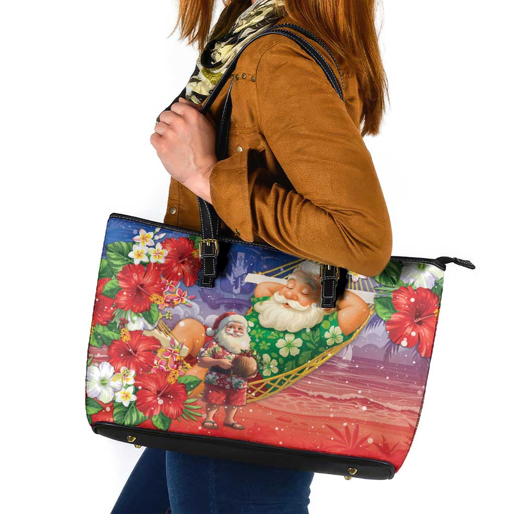 Dominican Republic Christmas Leather Tote Bag Santa Relaxing On The Beach - Wonder Print Shop
