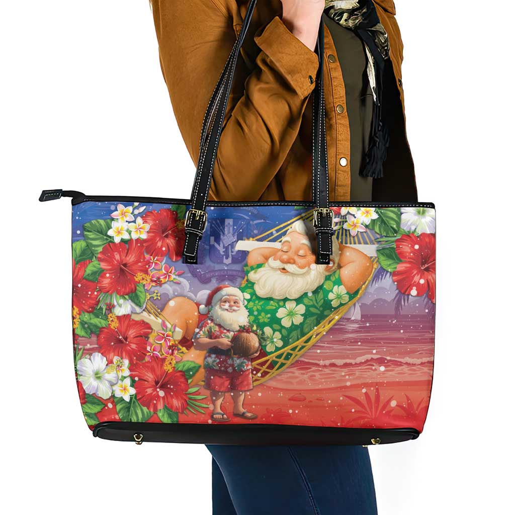 Dominican Republic Christmas Leather Tote Bag Santa Relaxing On The Beach - Wonder Print Shop