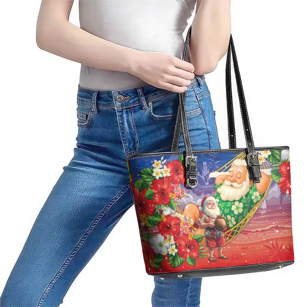 Dominican Republic Christmas Leather Tote Bag Santa Relaxing On The Beach - Wonder Print Shop