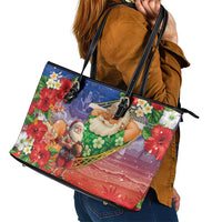 Dominican Republic Christmas Leather Tote Bag Santa Relaxing On The Beach - Wonder Print Shop