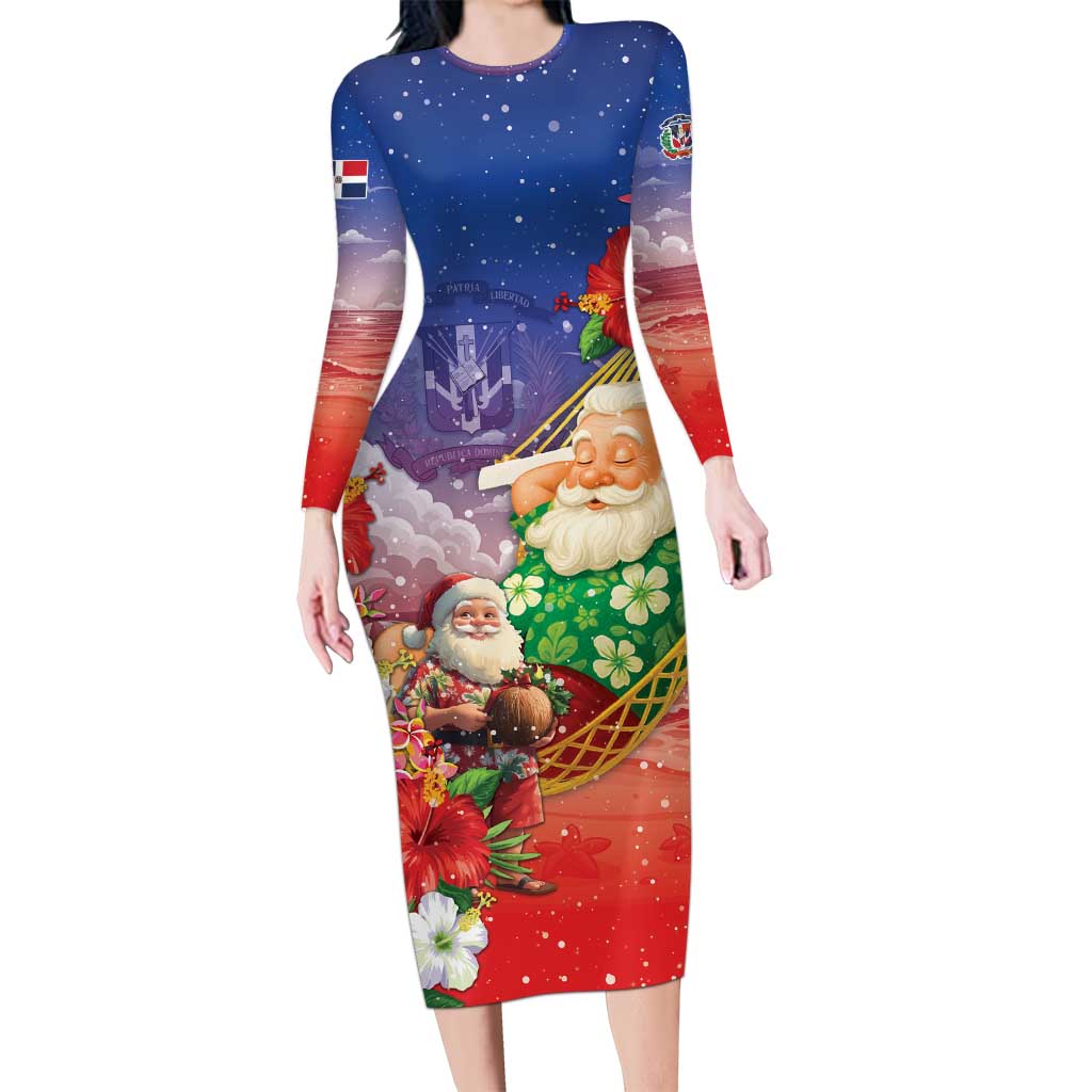 Dominican Republic Christmas Long Sleeve Bodycon Dress Santa Relaxing On The Beach - Wonder Print Shop